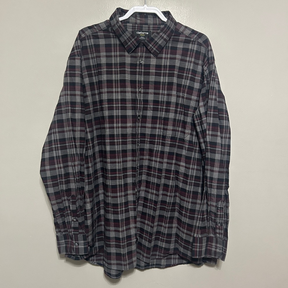 Claiborne Button Down Shirt Mens 3XLT Grey Maroon Plaid Stretch Tall Long Slv